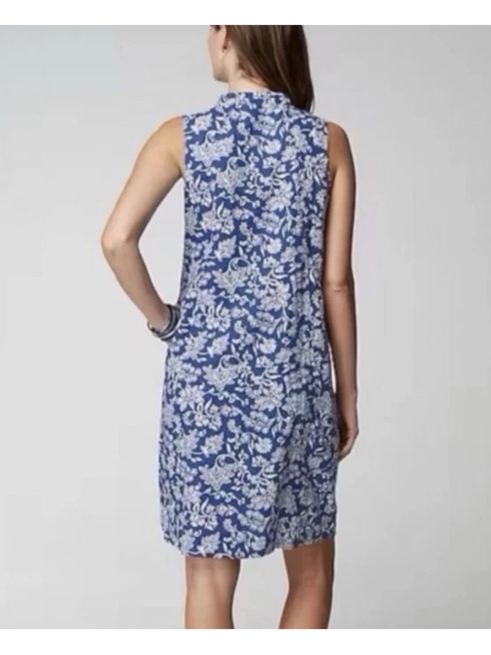 J. Jill Love Linen Resort Wear Floral White & Blue Shift Sleeveless Mini Dress, - Picture 2 of 7